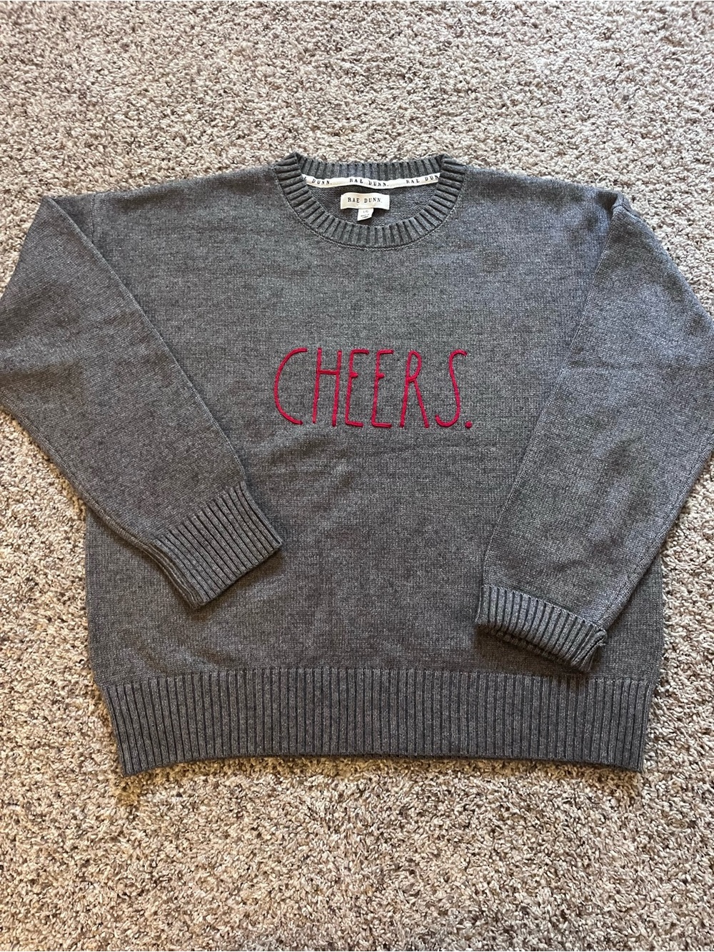 Rae Dunn Gray Crewneck Sweater with Red CHEERS. Embroidery